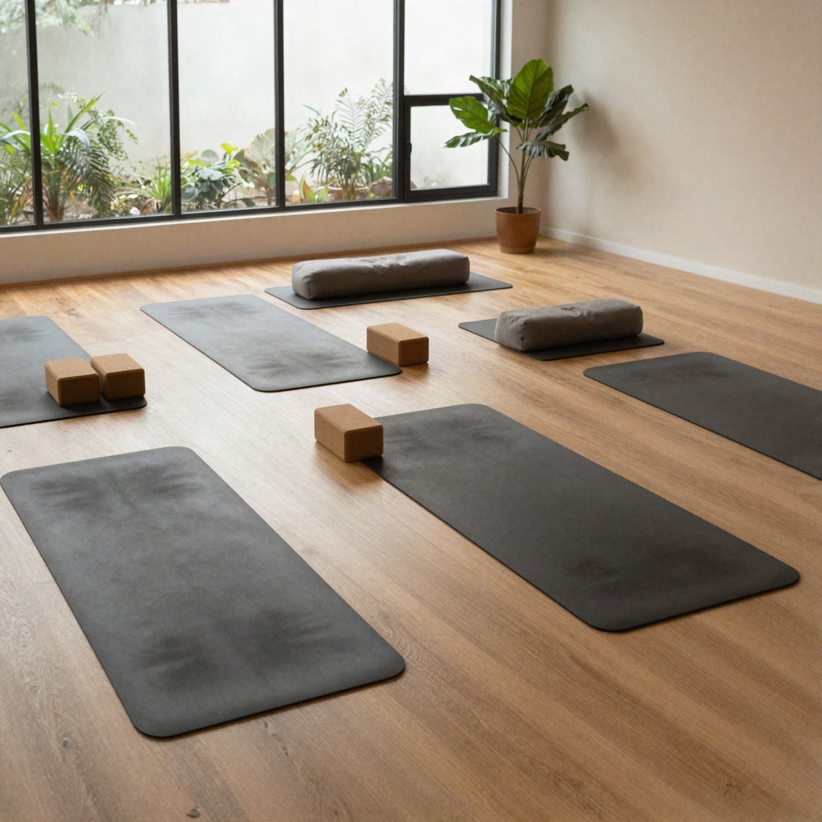 Empty studio with mats, blocks and bolsters
