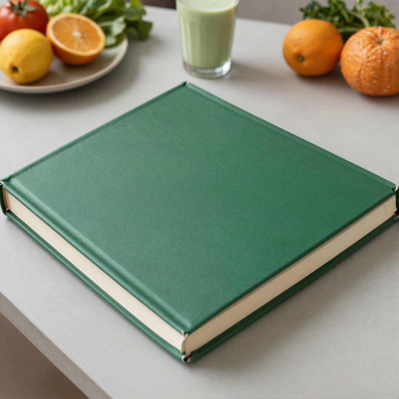 Green hardcover book on a table with fresh fruit and a smoothie