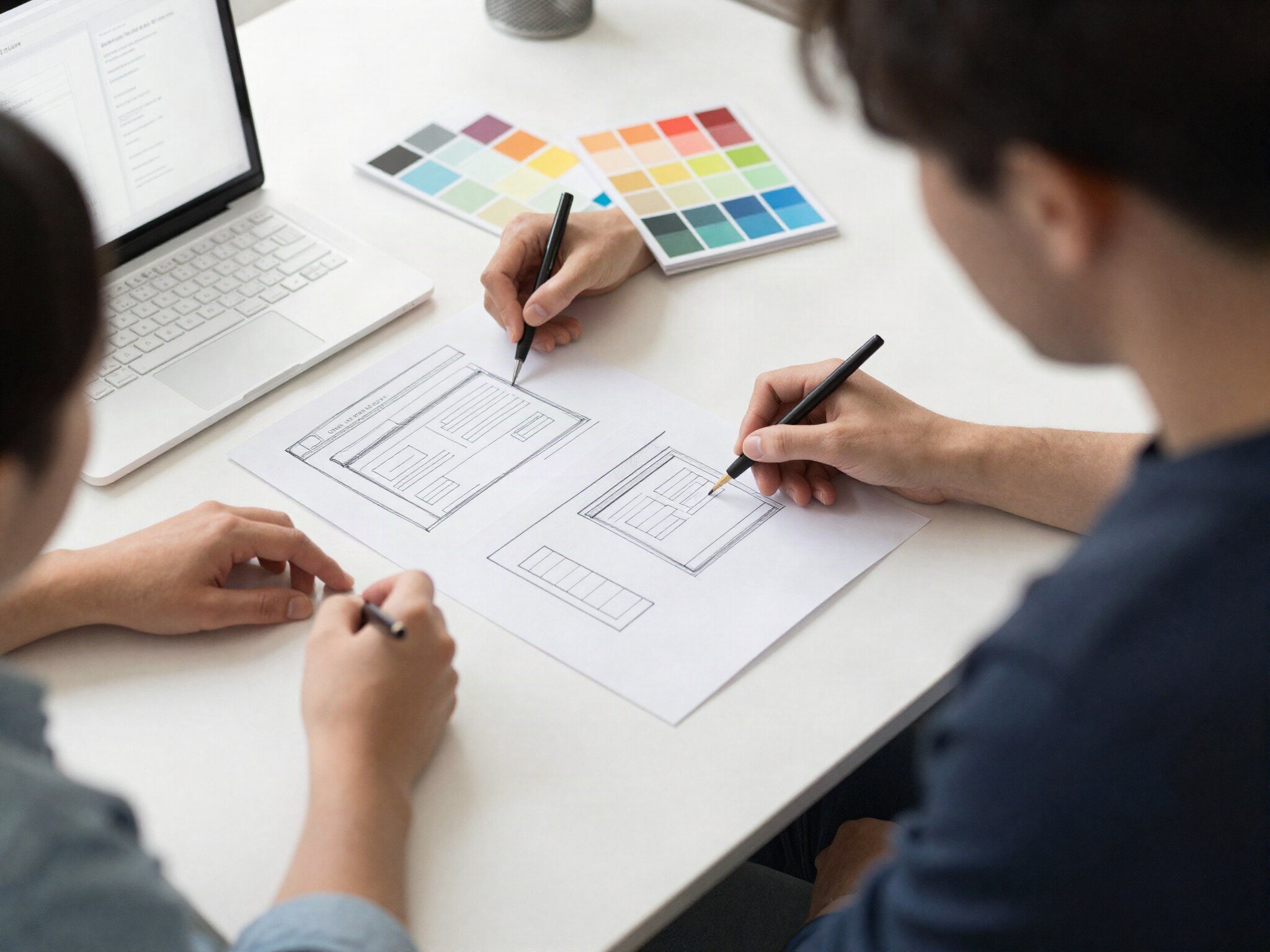 Designer and client planning website wireframes with colour swatches